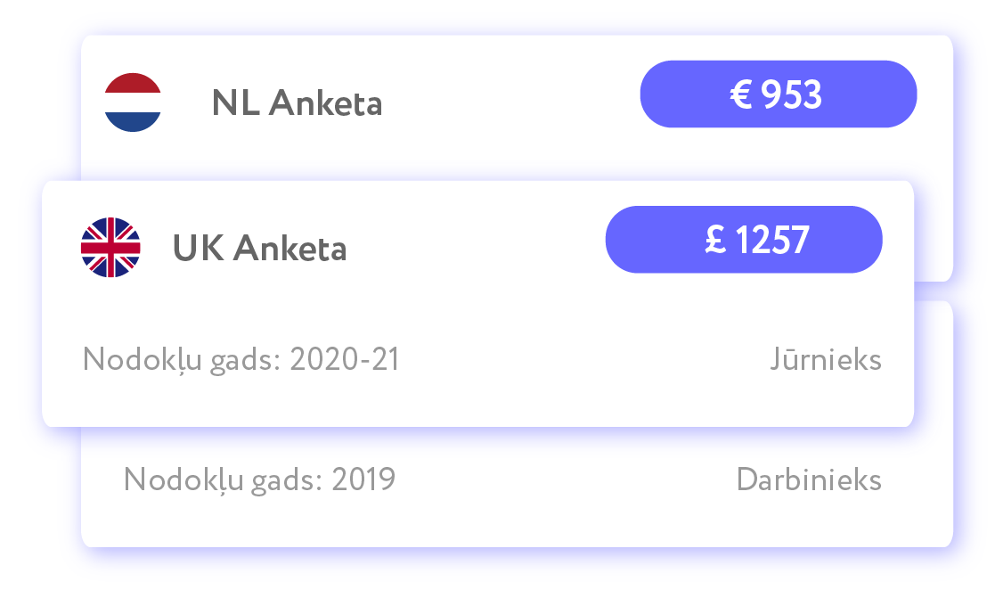 EUtaxback strādā ar mobilajiem darbiniekiem no visas pasaules. Neatkarīgi no tā, vai Jūs būvējat māju Lielbritānijā, vai apkalpojat tankkuģi Ziemeļjūrā – mēs strādājam ar visiem. Izvēlieties valsti un izveidojiet Jūsu nodokļu profilu, pārējo izdarīs mūsu nodokļu aģents.