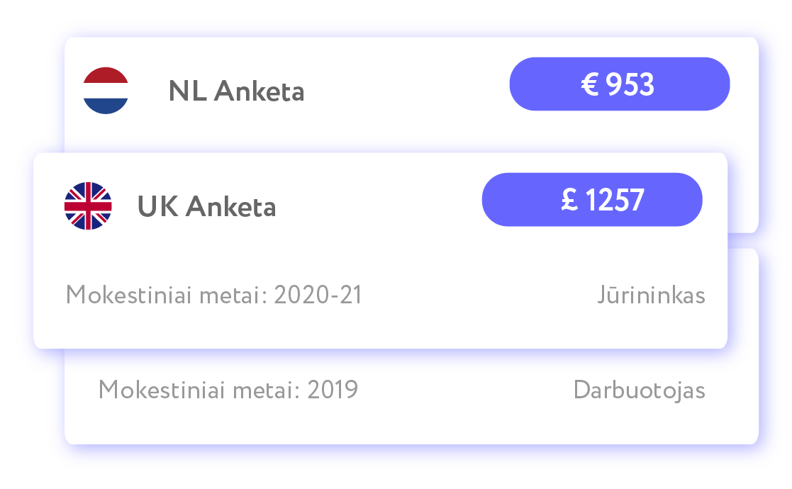 EUtaxback dirba su mobiliaisiais darbuotojais iš viso pasaulio. Nesvarbu, ar statote namą JK, ar aptarnaujate tanklaivį Šiaurės jūroje - mes dirbame su visais. Pasirinkite šalį ir sukurkite savo mokesčių profilį, viską kas liks atliks mūsų agentas.